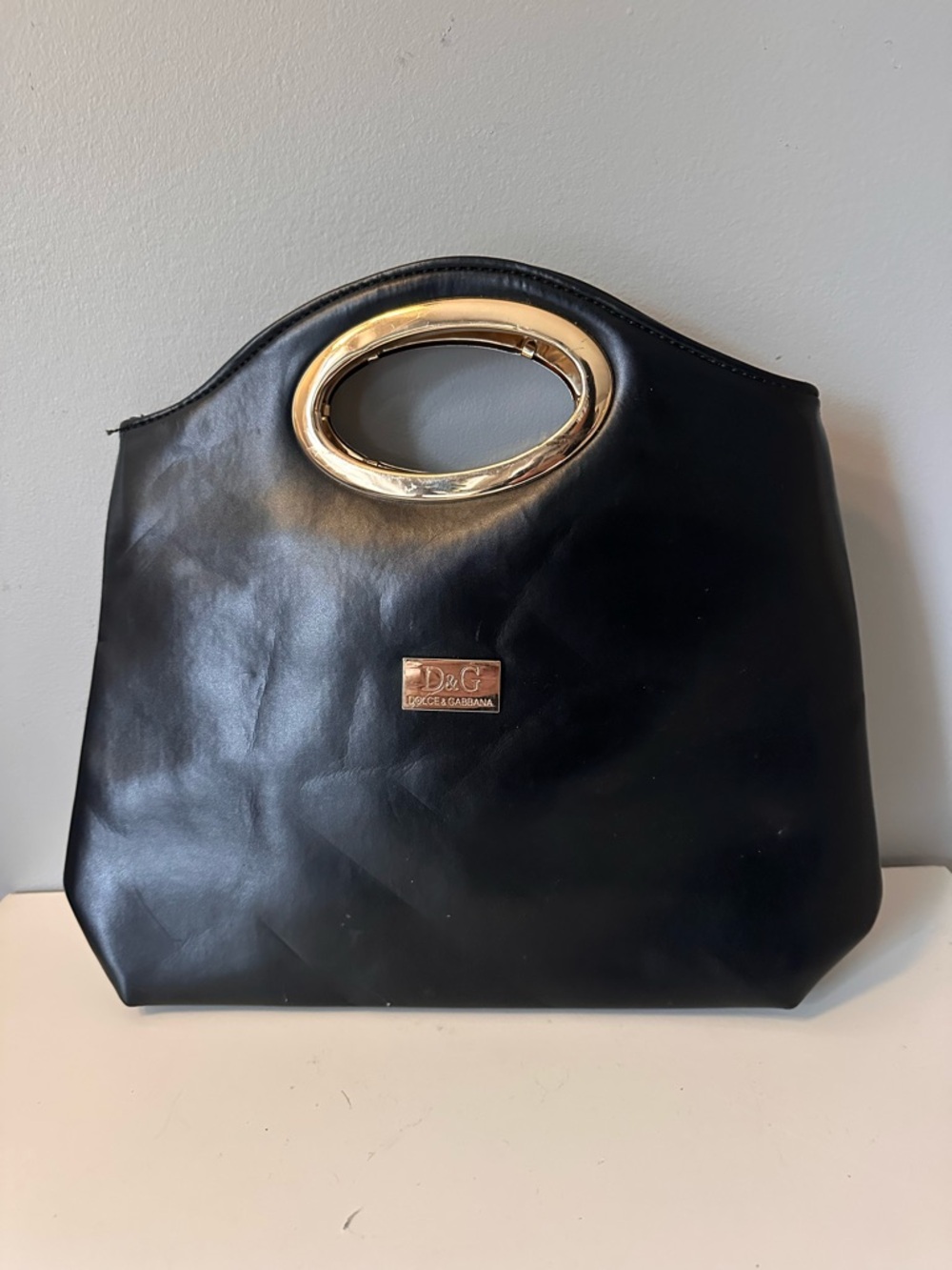 D&G Black Leather Tote with Gold Oval Top Handle